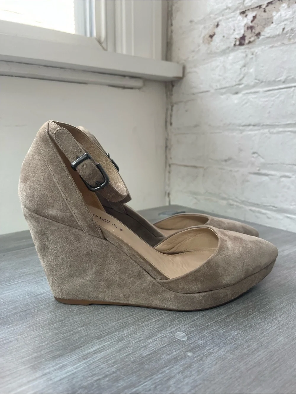Via Spiga Taupe Suede Ankle-Strap Wedge Pumps